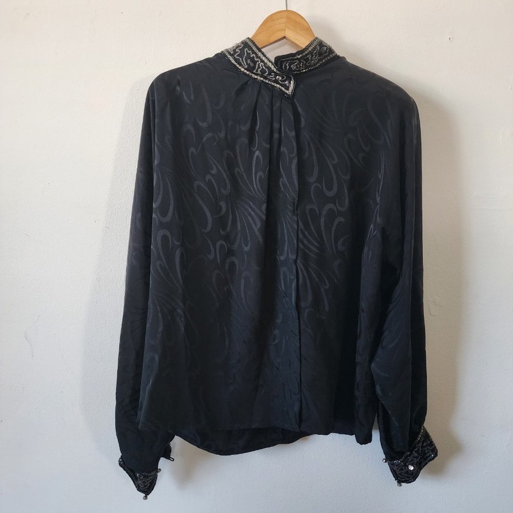 Vintage Womens Oleg Cassini Womens Black Shirt 14 Sequin Embellished Long Sleeve